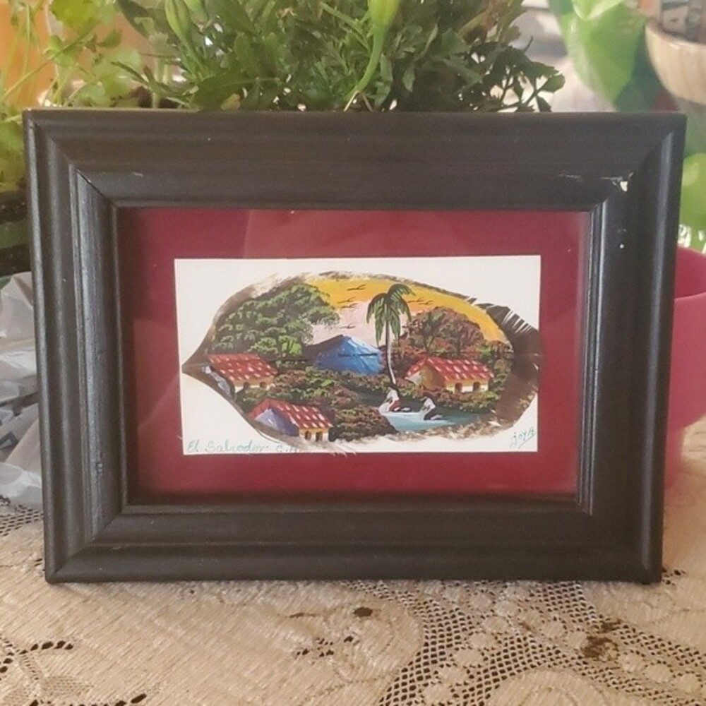 Signed JOYA Feather Painting Framed Village Folk Art - El Salvador